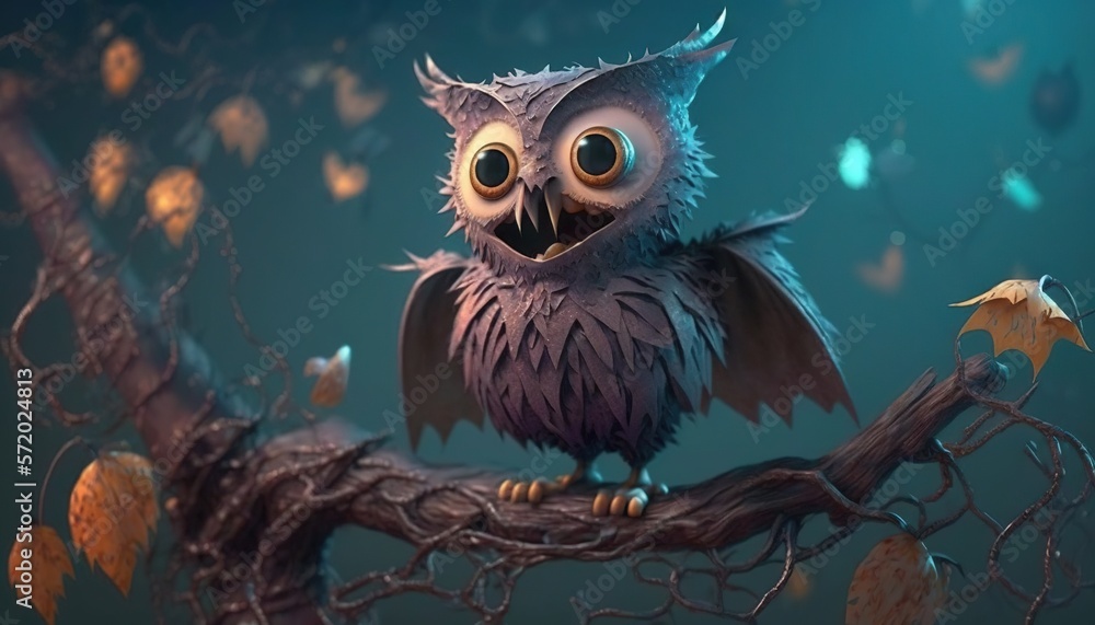 Poster an owl sitting on a branch with leaves flying around it. generative ai