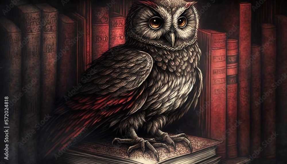 Poster an owl sitting on top of a book on top of a table. generative ai