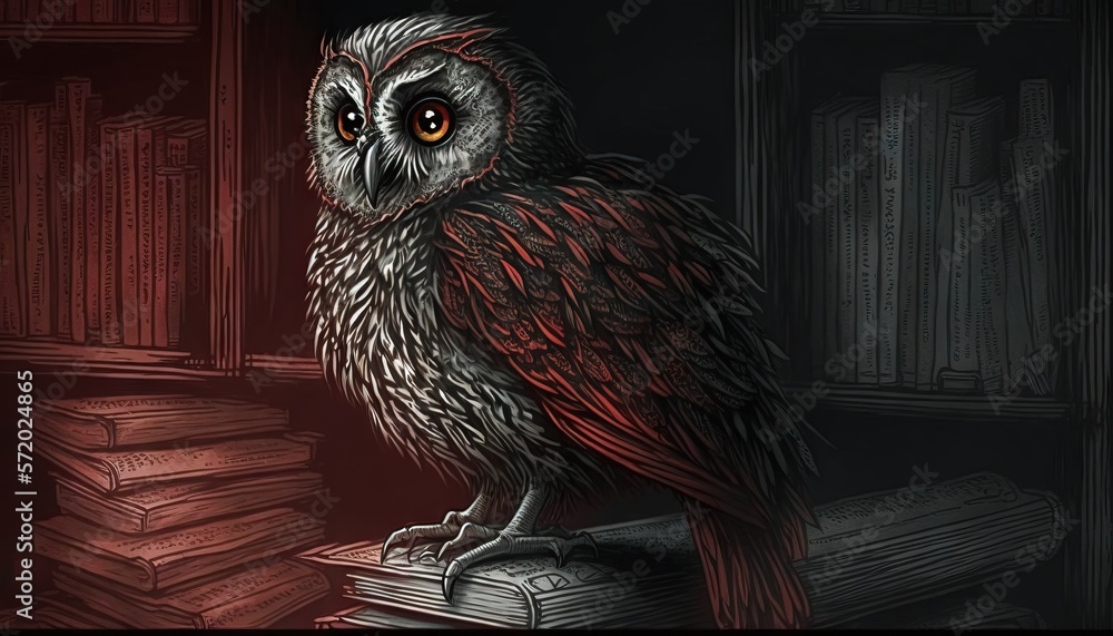 Poster an owl sitting on a stack of books in front of a bookshelf. generative ai
