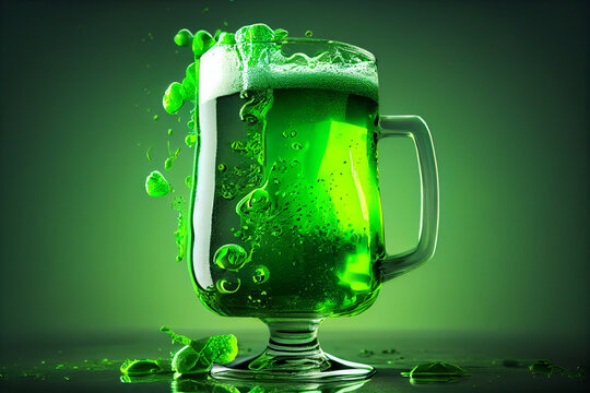 Green beer for St. Patrick's Day, green background. Copy space. Generative Ai