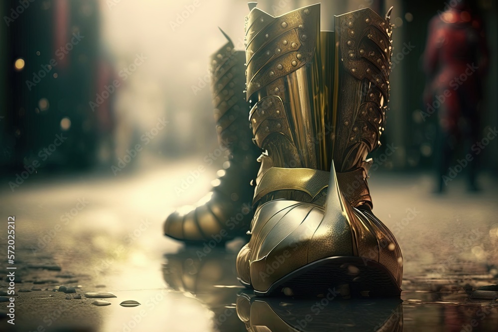 Poster a close up of a pair of boots on a wet surface. generative ai