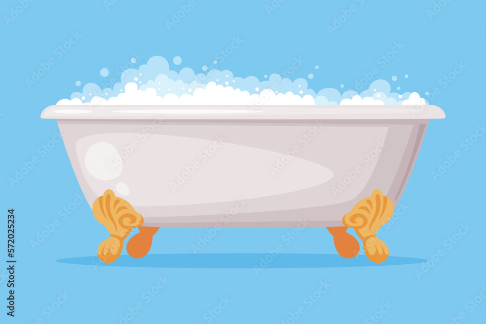 Sticker Cast Iron Bathtub on Claw Foot Pedestal Full of Water with Soap Bubbles Foam Isolated on Blue Background Vector Illustration