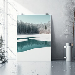 Wall poster mockup snowy pine forest with a frozen lake AI generation.