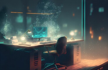 futuristic workspace with sparkling particles floating out of glowing screen, digital art style, illustration painting