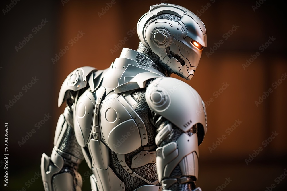 Poster a close up of a robot with a suit and helmet. generative ai