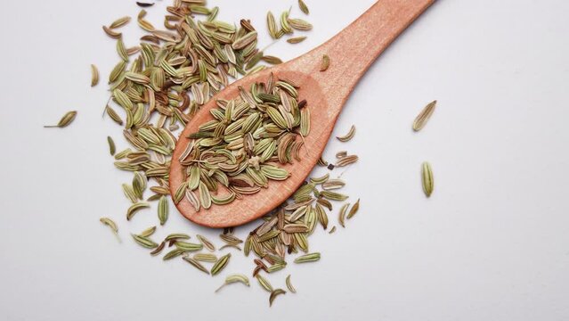 Barbecue fennel on a wooden spoon. Food spices.