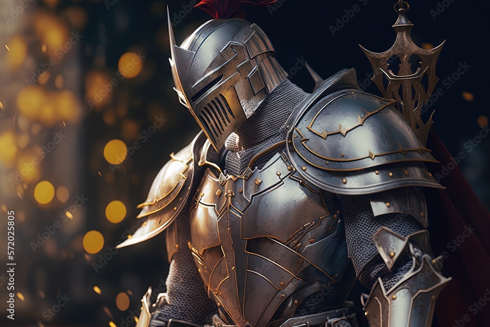 Poster a man dressed in armor with a sword and a helmet. generative ai