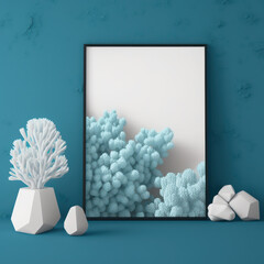 Mockup photo frame, azure crystals and coral AI Generaion