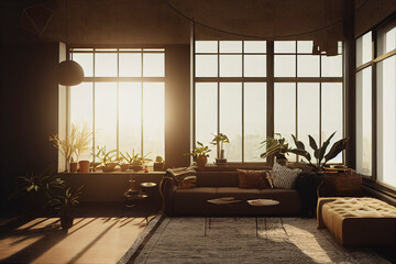 Beautiful Warm Cozy Modern Living Room Interior with minimal staged furniture with large windows at golden and indoor house plants made with Generative Ai 