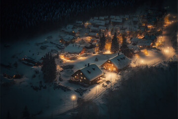 Ilustración de un pueblo nevado e iluminado visto desde lo alto en una noche de invierno. Generative AI - obrazy, fototapety, plakaty