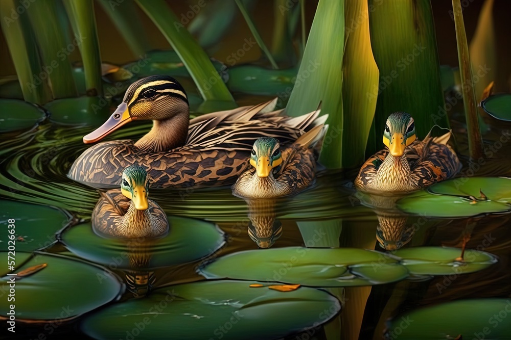 Poster a group of ducks floating on top of a lake surrounded by lily pads. generative ai
