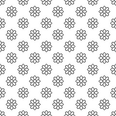 Small black contour linear pixel flowers isolated on white background. Cute monochrome floral seamless pattern. Vector simple flat graphic illustration. Texture.