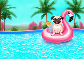 Obraz na płótnie Canvas cute happy pug puppy dog sitting on pink inflatable flamingo floating in pool in summer, tropical background with palm trees - AI generated illustration
