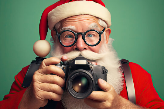  happy cartoon Santa Claus wearing glasses and taking photographs, generative AI