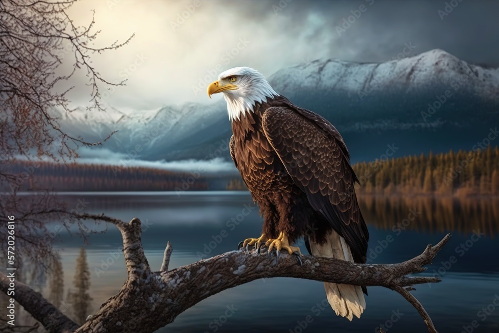 Poster a bald eagle perched on a tree branch in front of a lake. generative ai