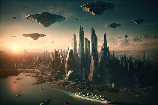 Ilustración de naves espaciales, onis, sobrevolando una gran ciudad, concepto invasión extraterrestre o visita extraterrestre . Generative AI