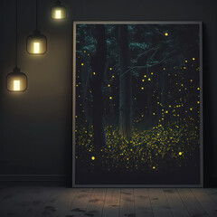 Frame poster mockup in home interior, glowing fireflies and a deep forest, AI Generaion.