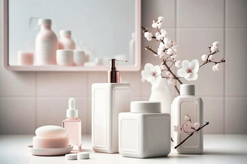 Fototapeta na wymiar Cosmetic and beauty products for bath, spa in white bottles, branch of spring pink sakura flowers, toiletry on table in soft light white bathroom interior in geometric simple urban - Generative AI