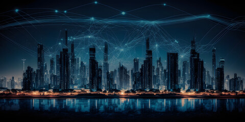 city skyline at night Smart city and big data connection technology concept with digital blue wavy wires with antennas on night megapolis city skyline background