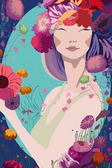 Frau mit fröhlichem Gesicht mit bunten Blumen, Illustration bunt mit Blüten, hochformat frühling