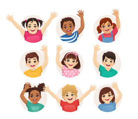Smiling kids boys and girls avatar set waving hands isolated vector illustration. Multiethnic happy children faces.