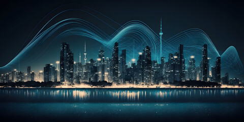 Fototapeta na wymiar Smart City and Big Data Interconnectivity with Blue Wires and Antennas against Night Skyline. Smart city and big data connection technology concept with digital blue wavy wires with antennas.