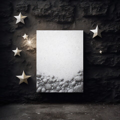 Frame poster mockup in home interior, glittering stars and rustic stones AI Generaion.