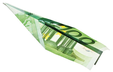 Money plane. Cash Euro banknote folded into airplane on transparent background. Express money transfer or bank payment. Travel cost in Europe. - obrazy, fototapety, plakaty