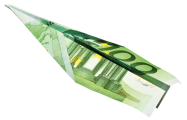 Money plane. Cash Euro banknote folded into airplane on transparent background. Express money transfer or bank payment. Travel cost in Europe.