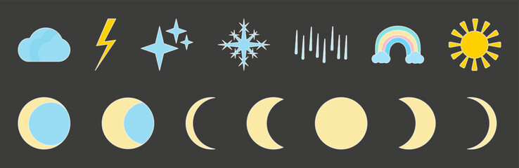 Weather forecast icons Vector illustration Isolated on dark background