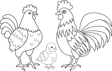 hen, chick, rooster character coloring book isolated, vector