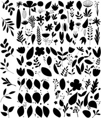 set of plants, leaves, flowers silhouette on white background vector