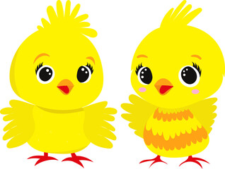 cartoon chickens with big eyes on a white background, vector
