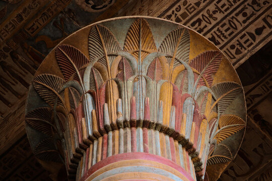 beautiful ancient egyptian column decorations at Kjnum temple in Esna, Luxor, Egypt