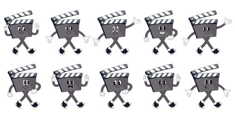 Cartoon slate board. film making accessorie character with cute cheerful emotions, hands and legs. Vector cinematography person set.