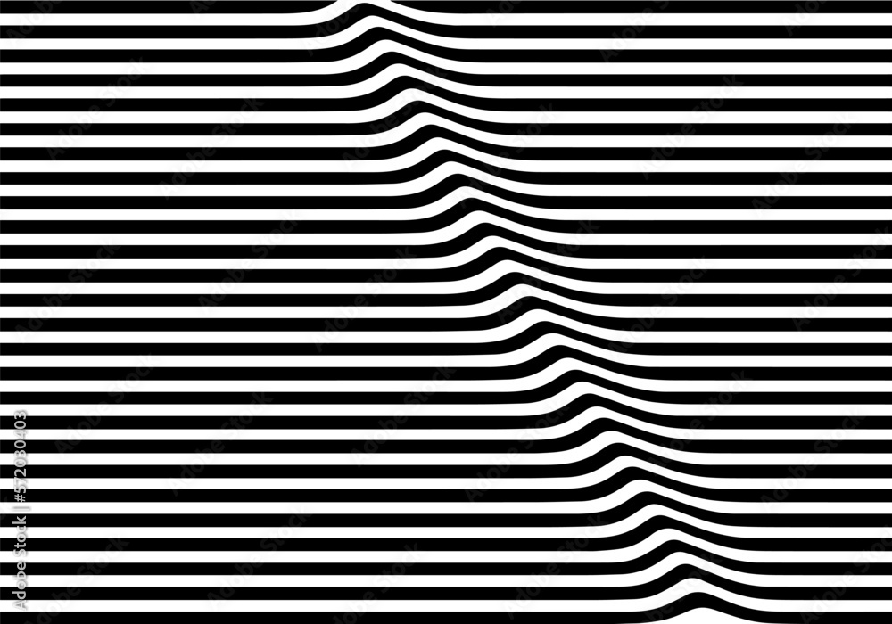 Poster Pattern with Abstract Black and White Optical Illusion. Horizontal Stripes Background with Ripple Effect. Vector Wave Illustration