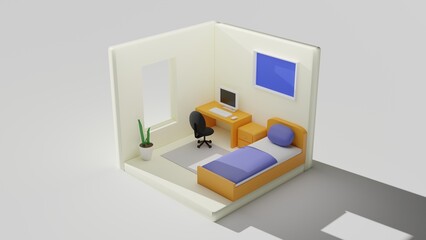 Low poly bedroom 3d illustration