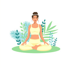 Obraz na płótnie Canvas Female cartoon character sitting in lotus posture and meditating. Girl with crossed legs. Colorful flat vector illustration with plants. Young pretty woman performing yoga exercise.
