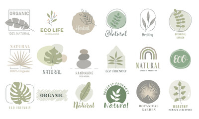 Botanique logo collection, hand drawn illustrations of flowers, leaves and twigs, delicate, minimal logo design. Elements collection for food market, organic products promotion, healthy life, premium