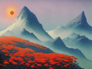 Landscape of fields covered with red flowers, against a background of mountains in a haze. Painted with oil paints. Generative AI