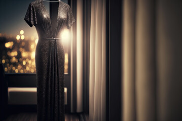 Beautiful black evening sparkly dress for wedding, party or prom hanging on a hanger. Generative AI