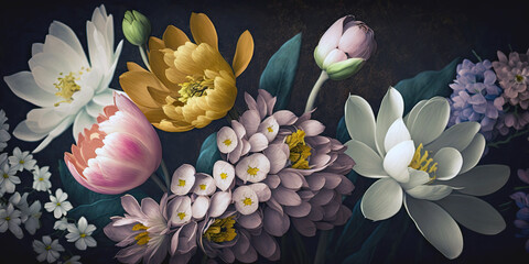 Obraz na płótnie Canvas Vintage spring flowers bouquet on dark background. Generative AI.