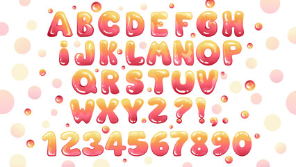 Bubble Gum font with alphabet letters and numbers. Vector cartoon decorative illustration for design.