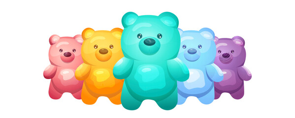 Set of Cute colored jelly bears on a white background. Bright animals in rainbow colors for design, greeting card. Vector cartoon illustration