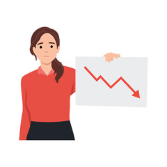 Young woman business loss and recession flat vector concept illustration. Businesswoman is holding a blank paper with down trend stock graph. Flat vector illustration isolated on white background