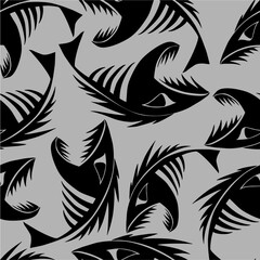 bright seamless pattern of black graphic fish skeletons on a gray background, texture, design © Yuliia