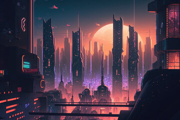 city skyline cyberpunk in amine style
