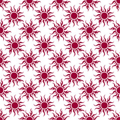 seamless symmetrical graphic pattern of purple suns on white background, texture, design