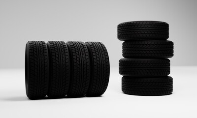 Two set of tires for car, on white background
