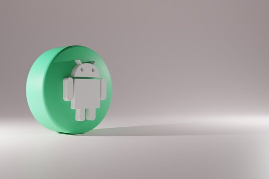 Android icon isolated. 3D Illustration. Android 3D Rendering Close up. Android Promotion Template. Android Logo Minimal Simple Design Template. Copy Space 3D.